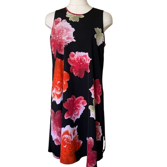 Calvin Klein Floral Carnation Sleeveless A-line Flowy Dress Black Pink Size 4 - Picture 1 of 10